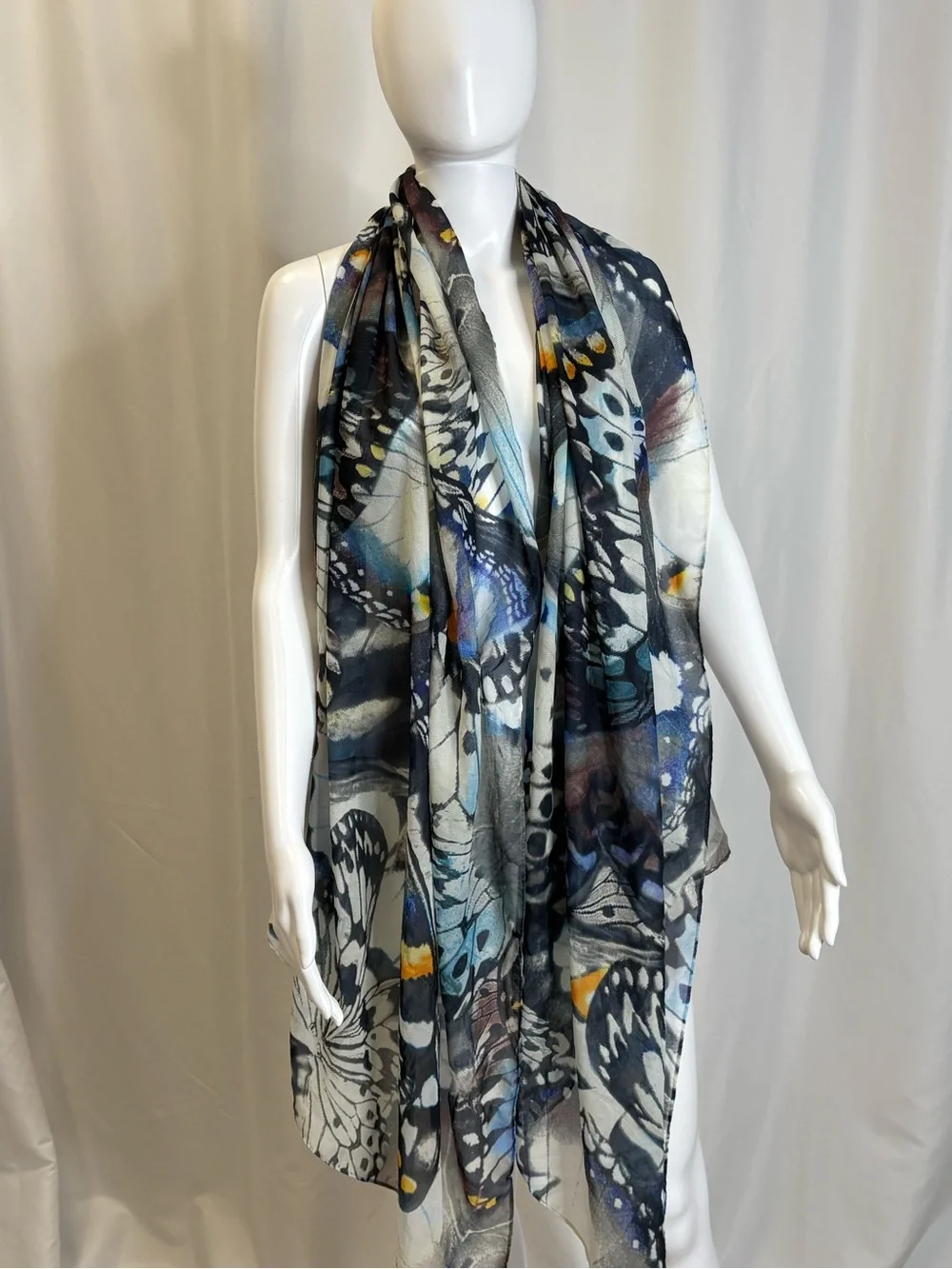All Over Butterfly Print Rectangle Long Scarf Shawl Wrap Semi Sheer Watercolor